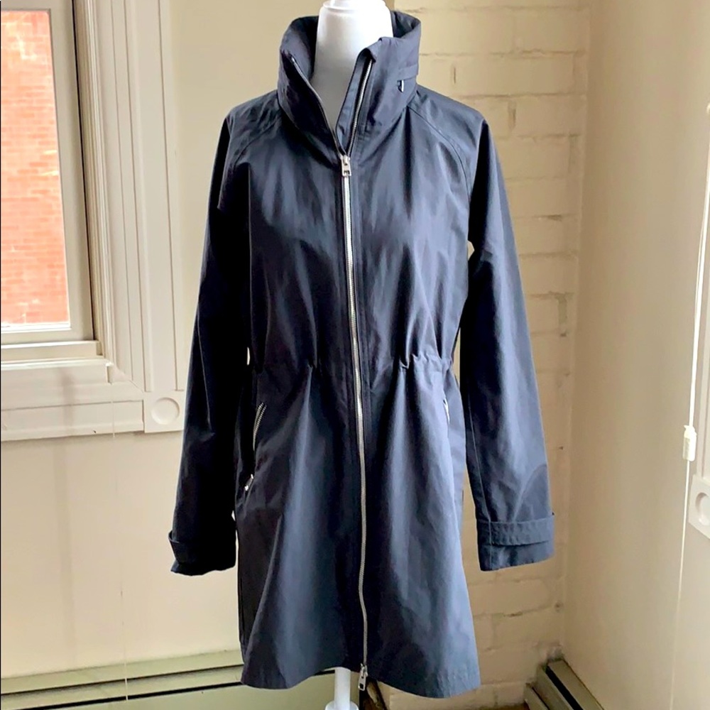 Athleta Navy Hooded Trench Coat with Zip Front
